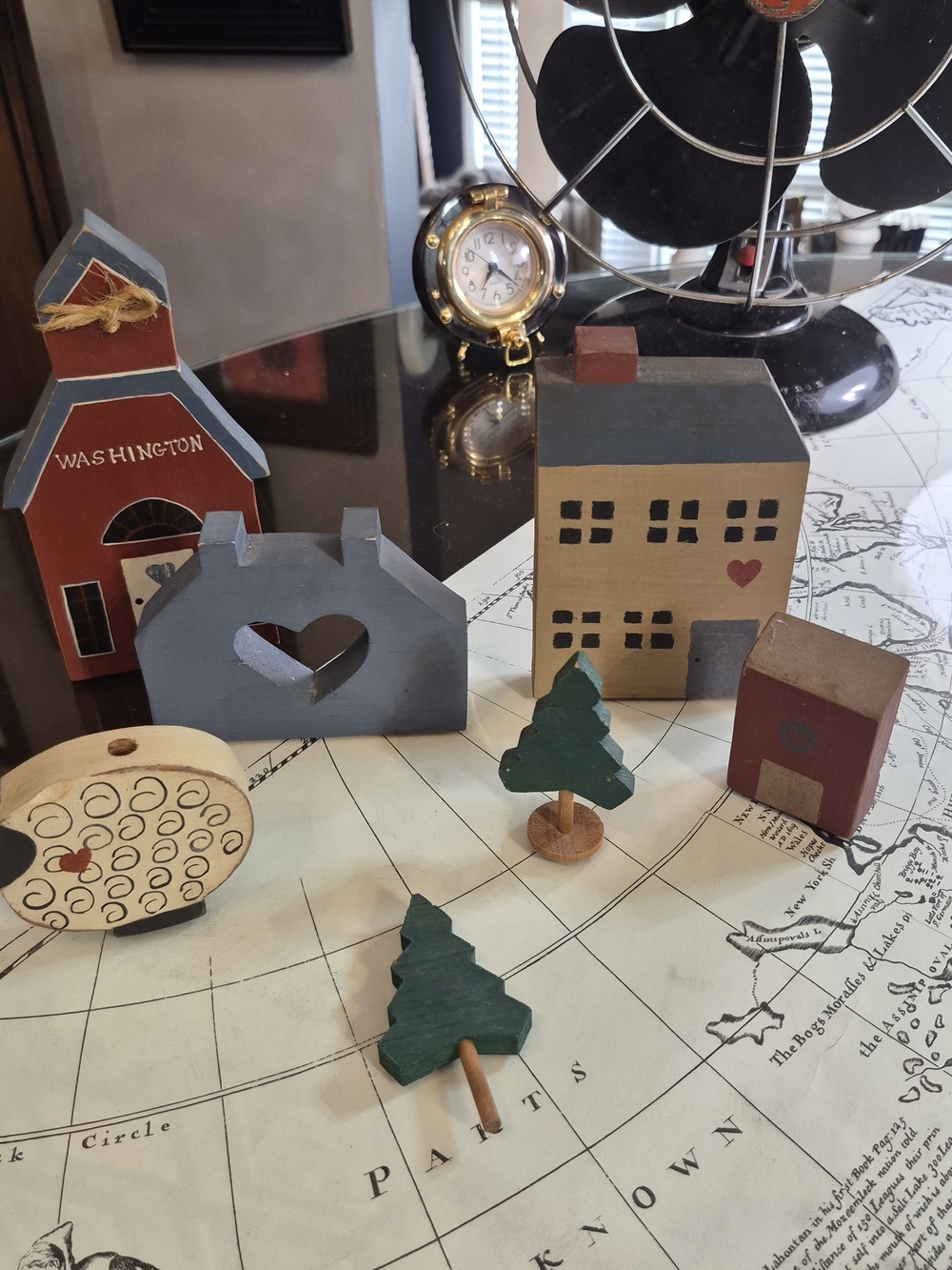 Vintage Wooden Miniature Village Set with Trees - Neutral & Green FOLK ART